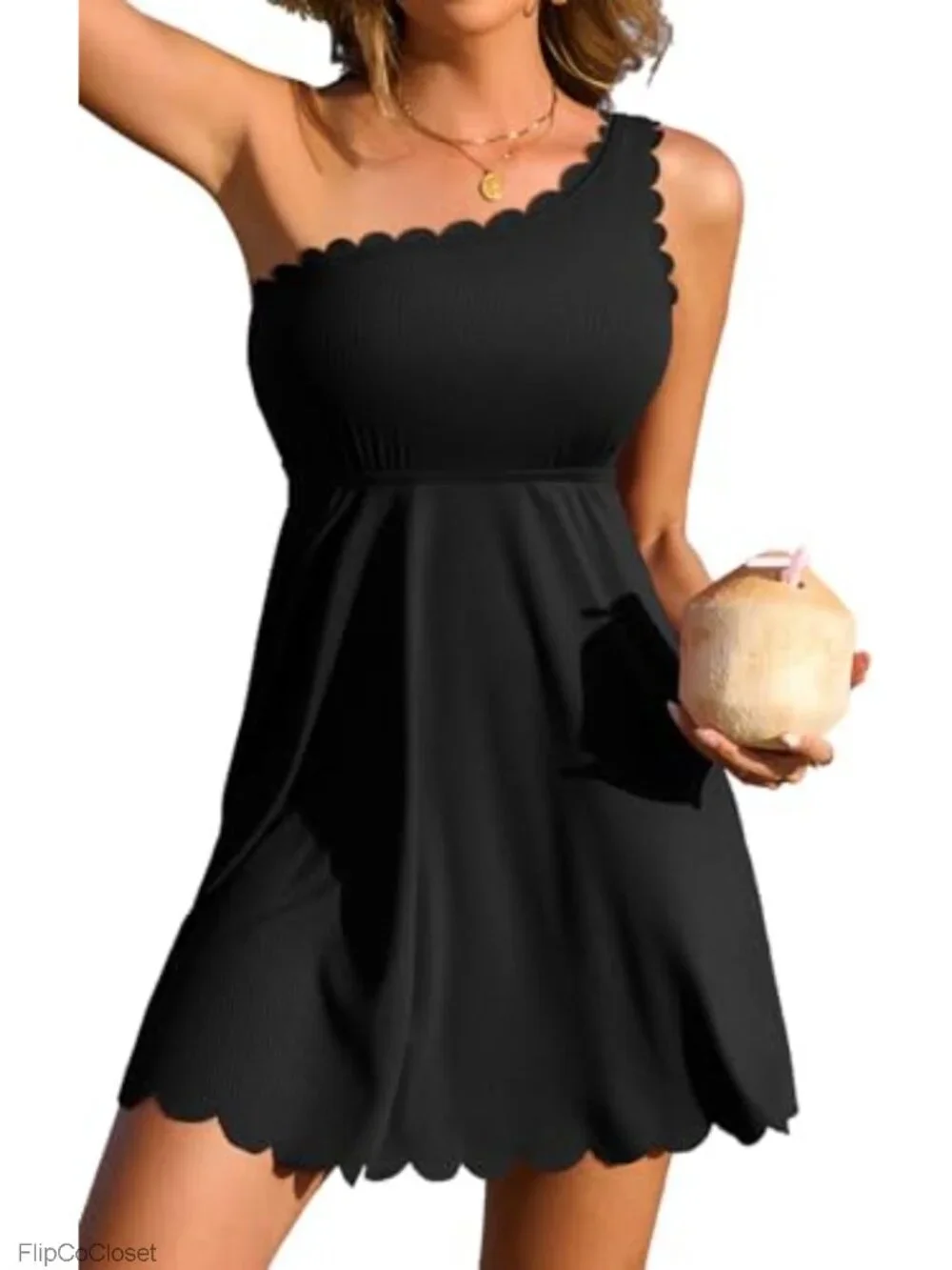 Women's One Shoulder Ribbed Swim Dress Modest One Piece Tummy Control Bathing